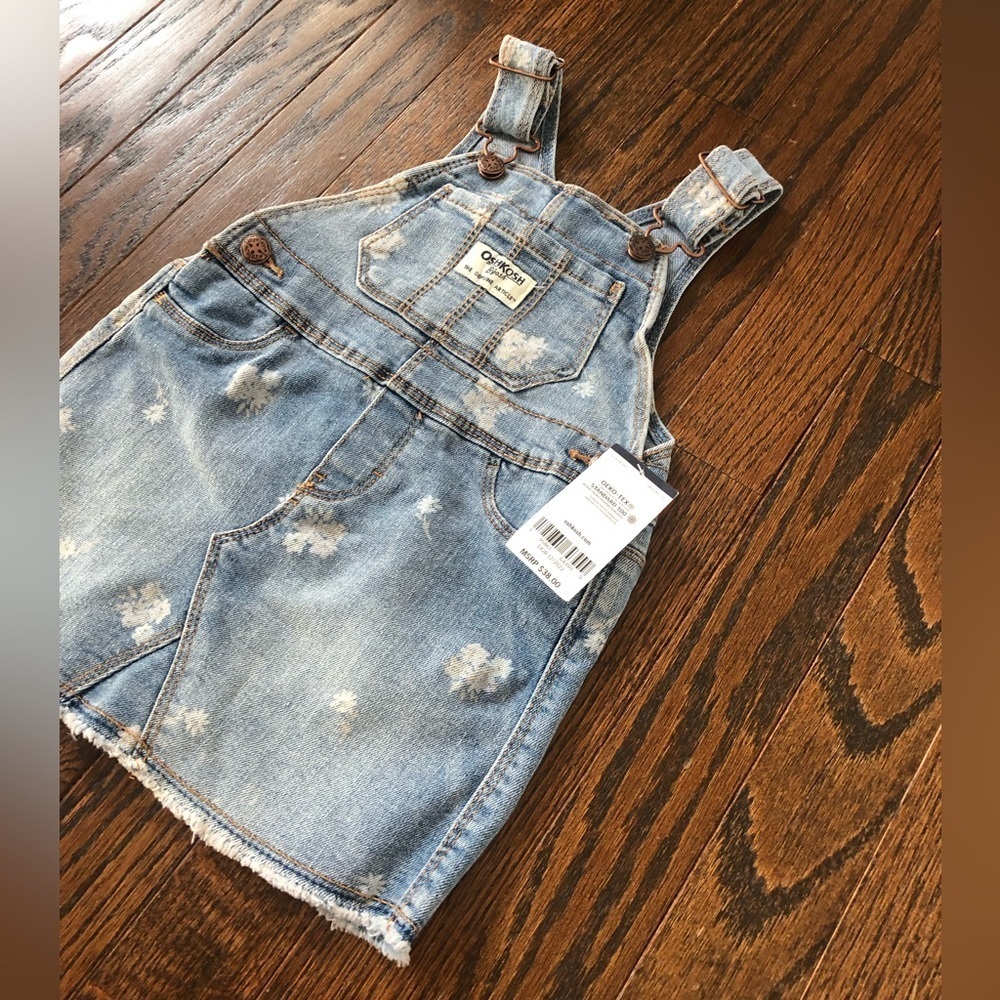 OshKosh B'Gosh Girls 12M Floral Vintage Wash Denim Skirtall/Overalls Dress - NWT - Picture 4 of 10